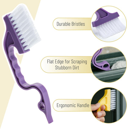 Slick- Window Track Cleaning Brush, 2 Pack, Yellow/Purple Ergonomic Handle, Built-in Scraper, Multipurpose, Window Track Cleaning Tools