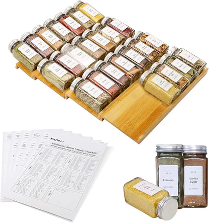 Spice Drawer Organzier,4 Tiers Bamboo Spice Rack Tray Insert for Cabinet Drawer Countertop, Kitchen Seasoning Storage Drawer Organization,14.57" Wide x 15.8" Deep （Hold UP To 32 Jars