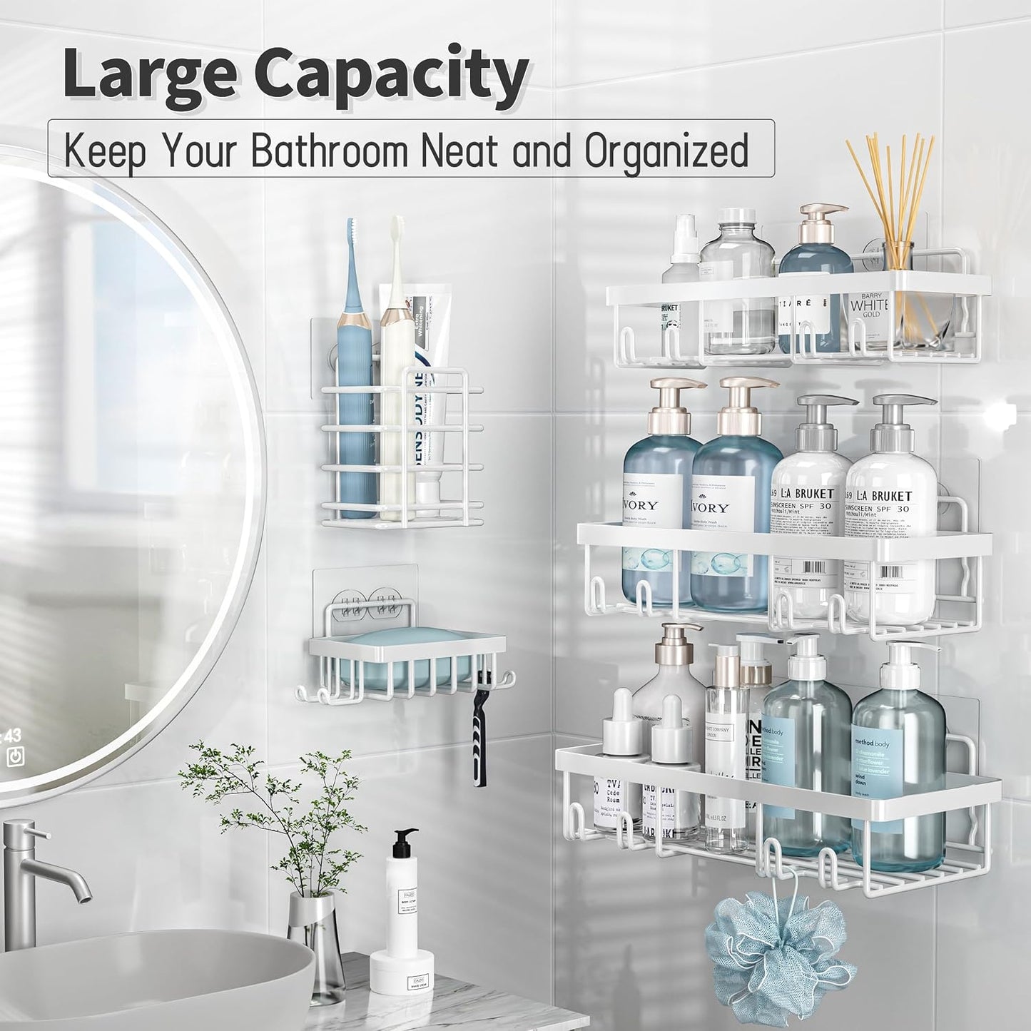 Liuoud 5 Pack Shower Caddy for Inside Shower, Gold Bathroom Storage Decor | Large Rustproof Stainless Steel Organizer with Strong Adhesive, No Drilling Wall Mounted Shelves, Bathroom Accessory Set