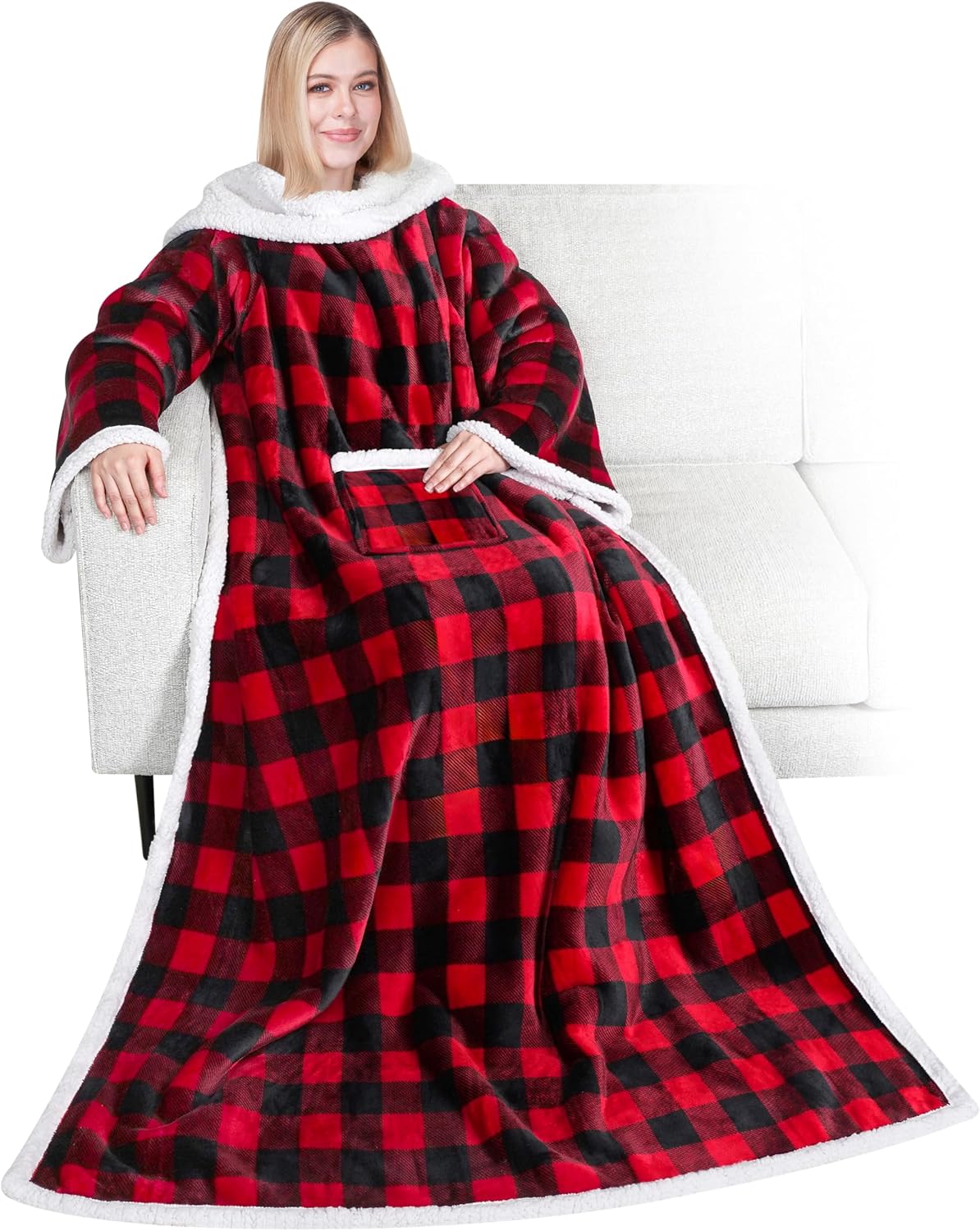 PAVILIA Wearable Blanket with Sleeves and Pocket for Women Men, Sherpa Trim