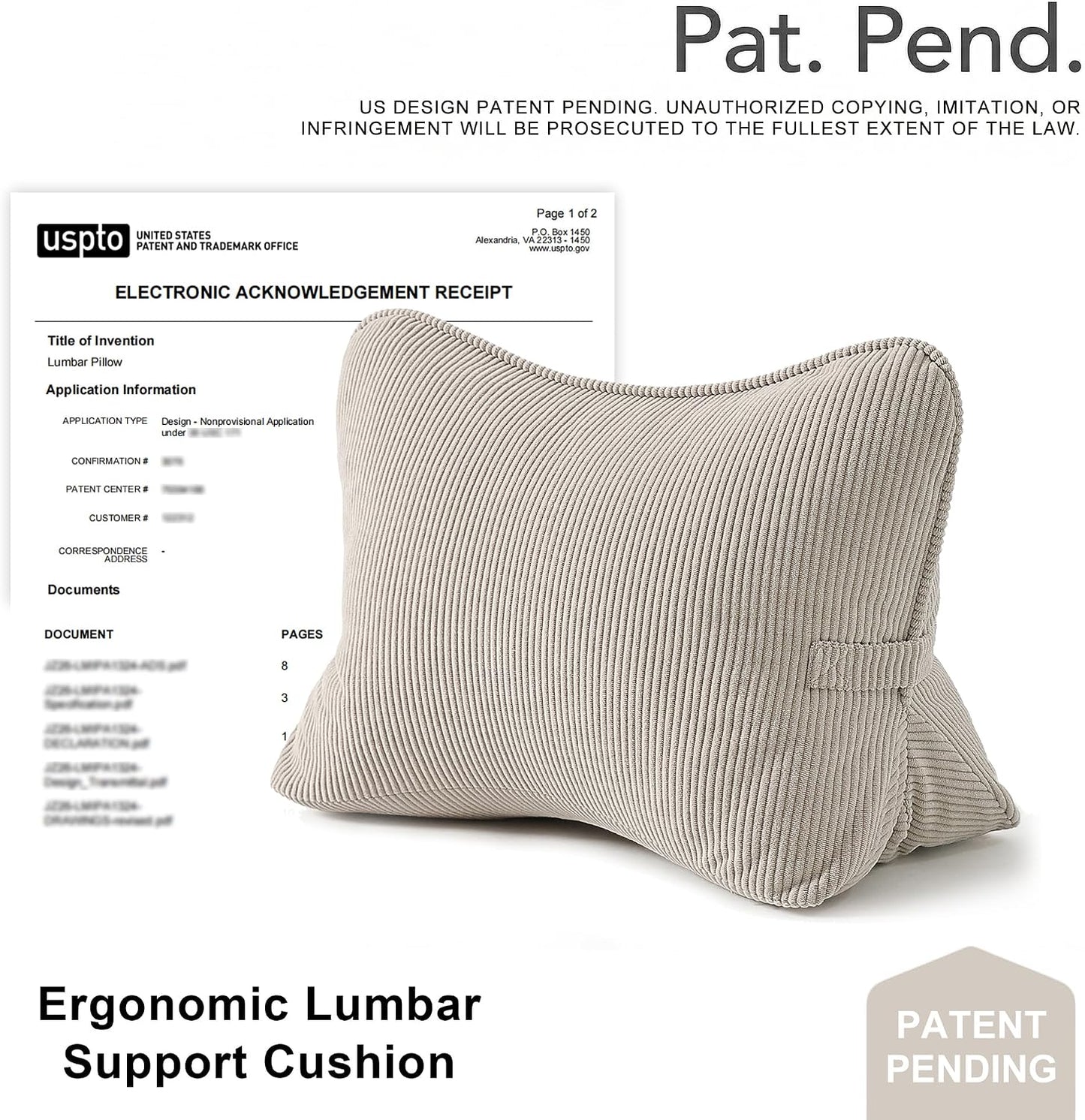 Pat. Pend. Corduroy Lumbar Support Back Pillow for Watching TV, Reading & Gaming, Ergonomic Triangle Support Cushion for Sofa, Armchair & Bed Sitting, Removable Washable Cover, Beige Gray