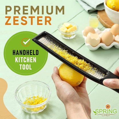 Spring Chef Stainless Steel Lemon Zester - Garlic & Ginger Grater - Gray | Premium Zester with Blade Cover, Cheese Grater with Handle for Parmesan, Nutmeg, Lime - Durable Citrus Zester, Fine Shred