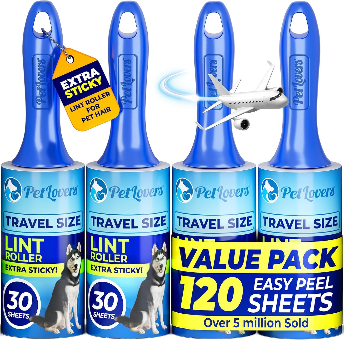 PetLovers Extra Sticky Lint Roller Mega Value Set 450 Sheets for Pet Hair Removal and Clothes, Dog and Cat Lint Remover 5 Pack