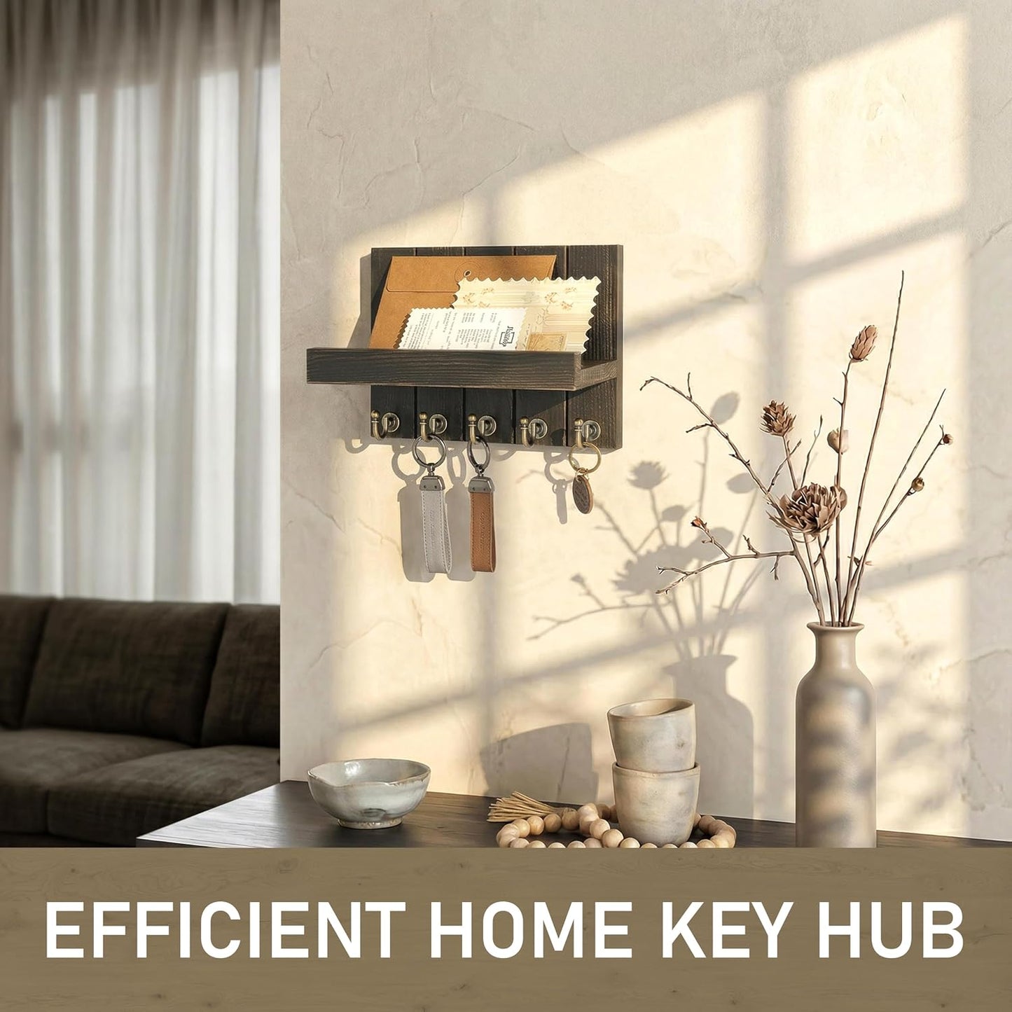 Rebee Vision Key Holder Wall Mount with 5 Key Hooks for Home Decor, Brown | 3.54'' x 10'' x 7.28'', Small Shelf for Display Plant, Key Hangers for Hat, Entryway Space-Saving Storage