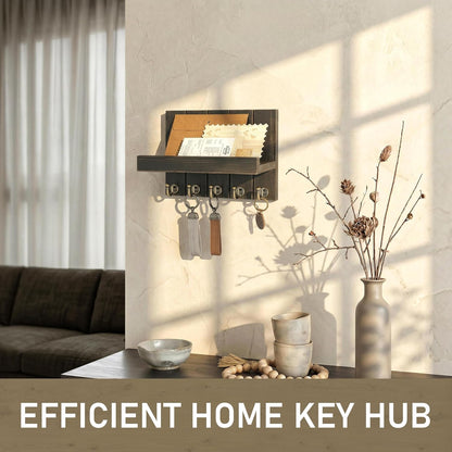 Rebee Vision Key Holder Wall Mount with 5 Key Hooks for Home Decor, Brown | 3.54'' x 10'' x 7.28'', Small Shelf for Display Plant, Key Hangers for Hat, Entryway Space-Saving Storage