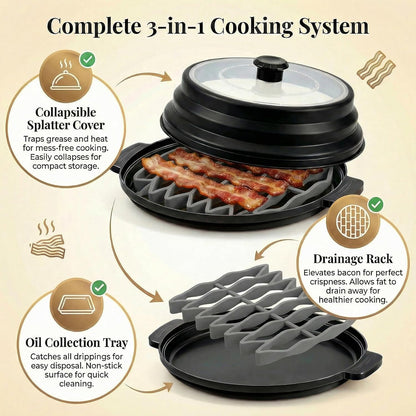 Microwave Bacon Cooker with Lid, 3-Piece Bacon Tray for Microwave Oven | Crispier Bacon with Less Grease,Collapsible Cover,Grease-Draining Rack,Oil Collection Tray,BPA-Free Material