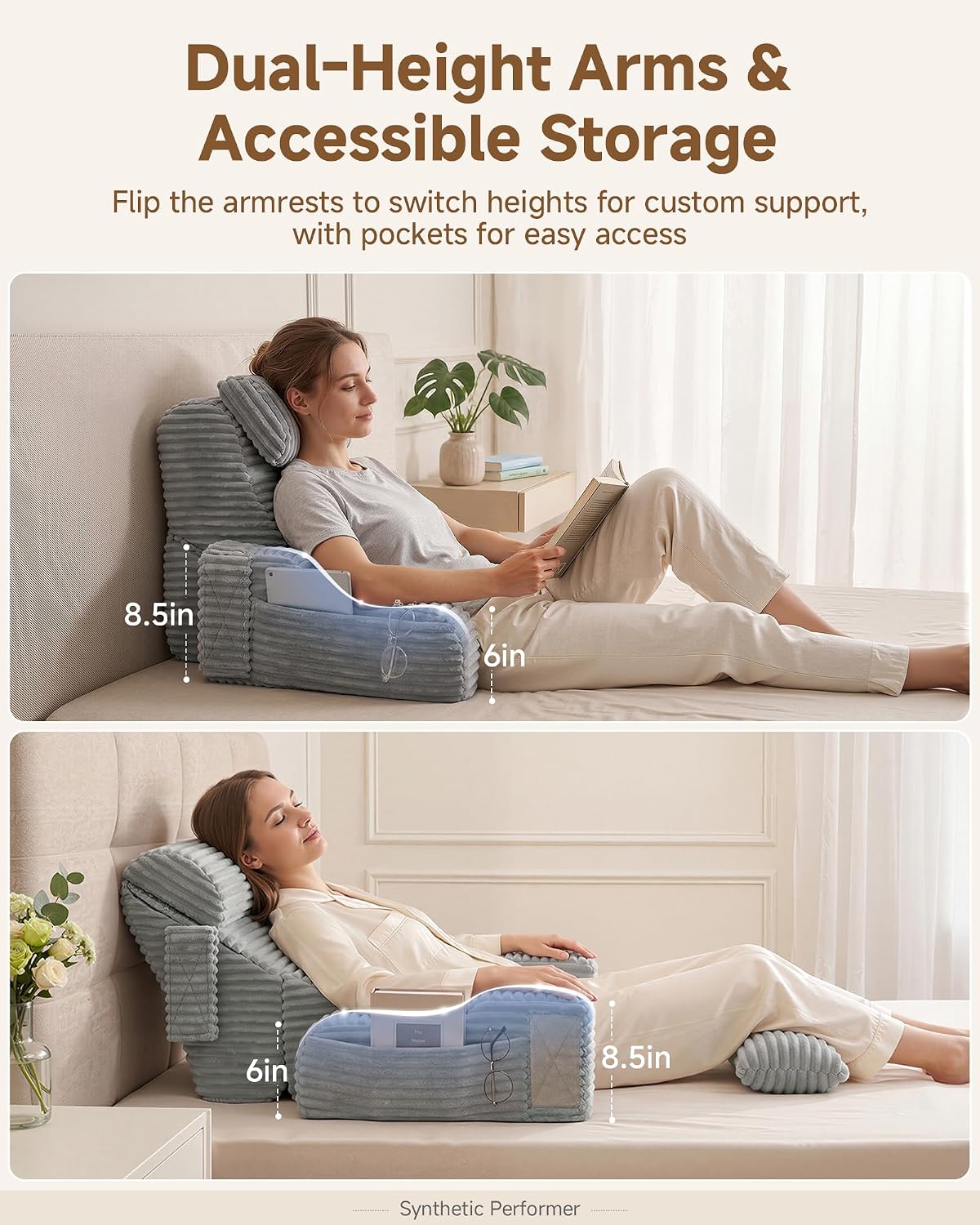 Foldable 5PCS Reading Pillow for Bed, Grey, 19”