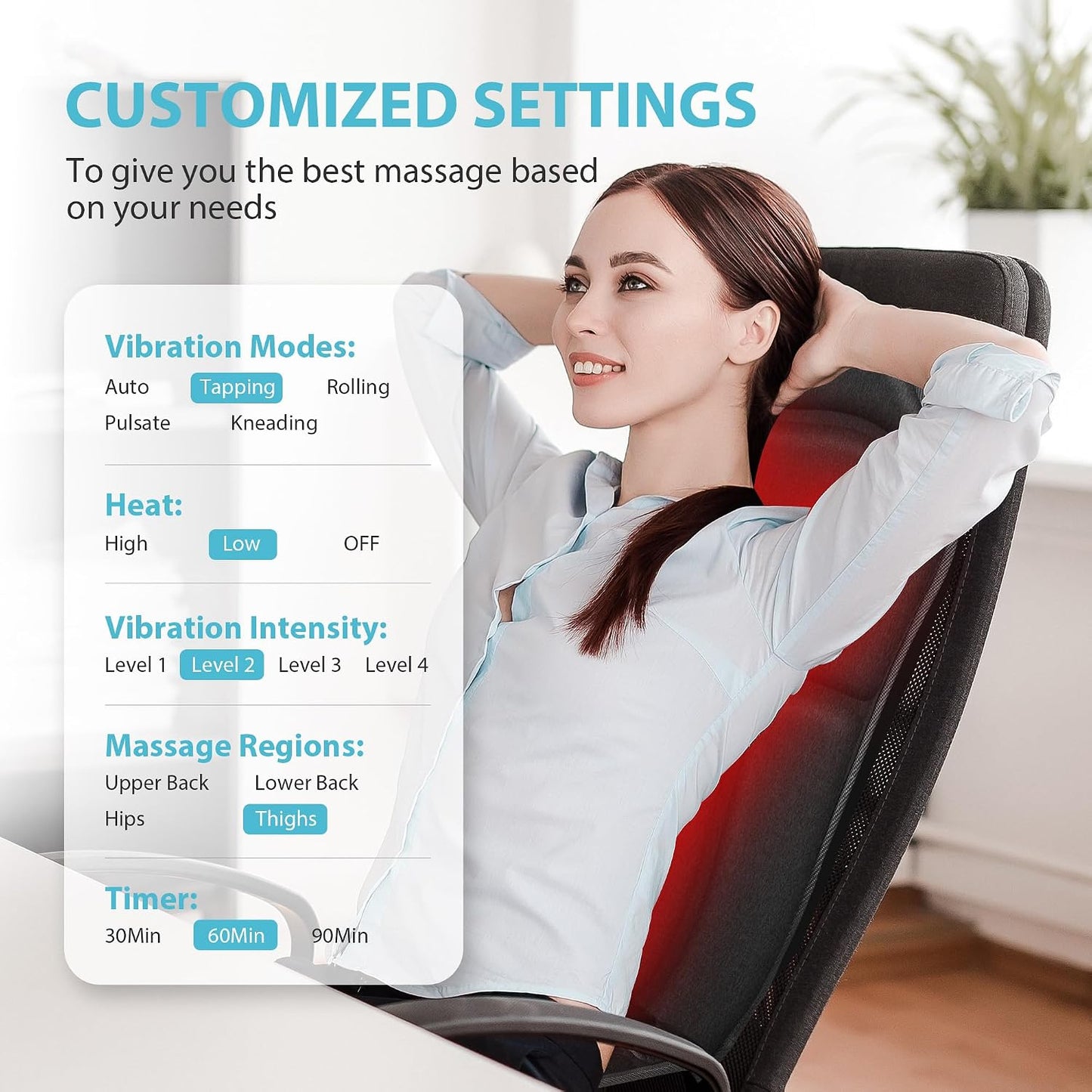 Back Massager with Heat, Vibration Massage Seat Cushion for Chair | 5 Modes, 4 Intensities, 2 Heat Levels, Vibration Chair Pad for Desk Workers Home Office Chairs Recliner Relaxation Gifts