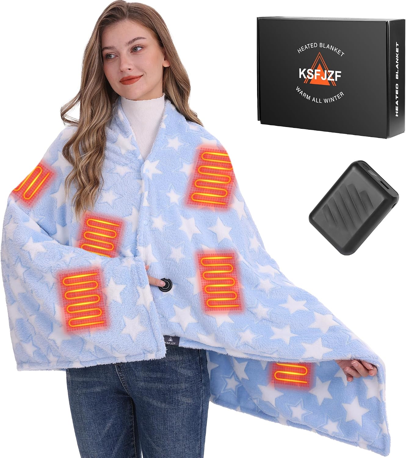 KSFJZF Heated Blanket, Cordless Portable Rechargeable Heated Throw Blanket | Battery Operated Heating Blanket with 20000mAh Power Bank, 59" x 35.5" Electric Heated Shawl, 3 Fast-Heating Levels (Pink)
