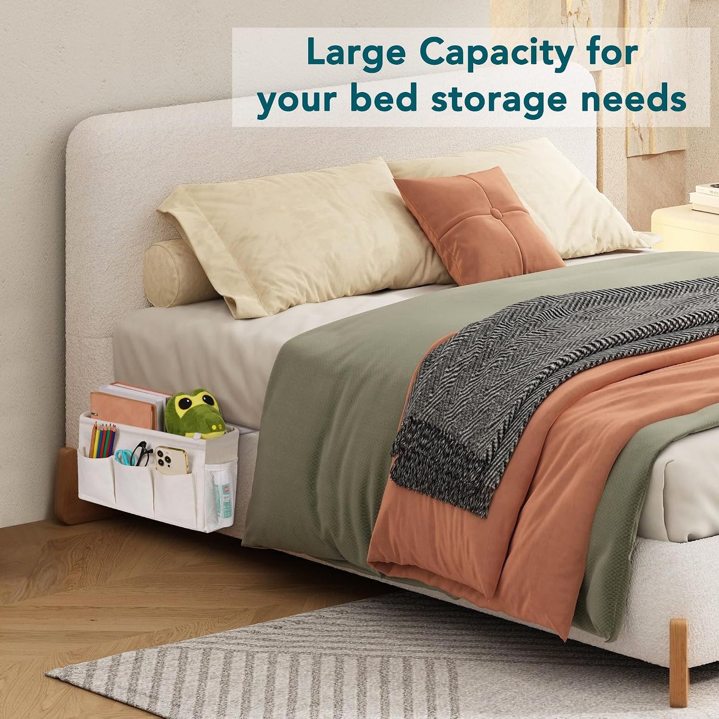 Bedside Caddy, Bedside Storage Bag Hanging Organizer for Bunk Dorm Bed Rail | Bed Caddy with Hooks, Top Bunks and Dorm Essentials for Water, Tissues, Tablets, Books, Phones, Remotes and Other Necessories