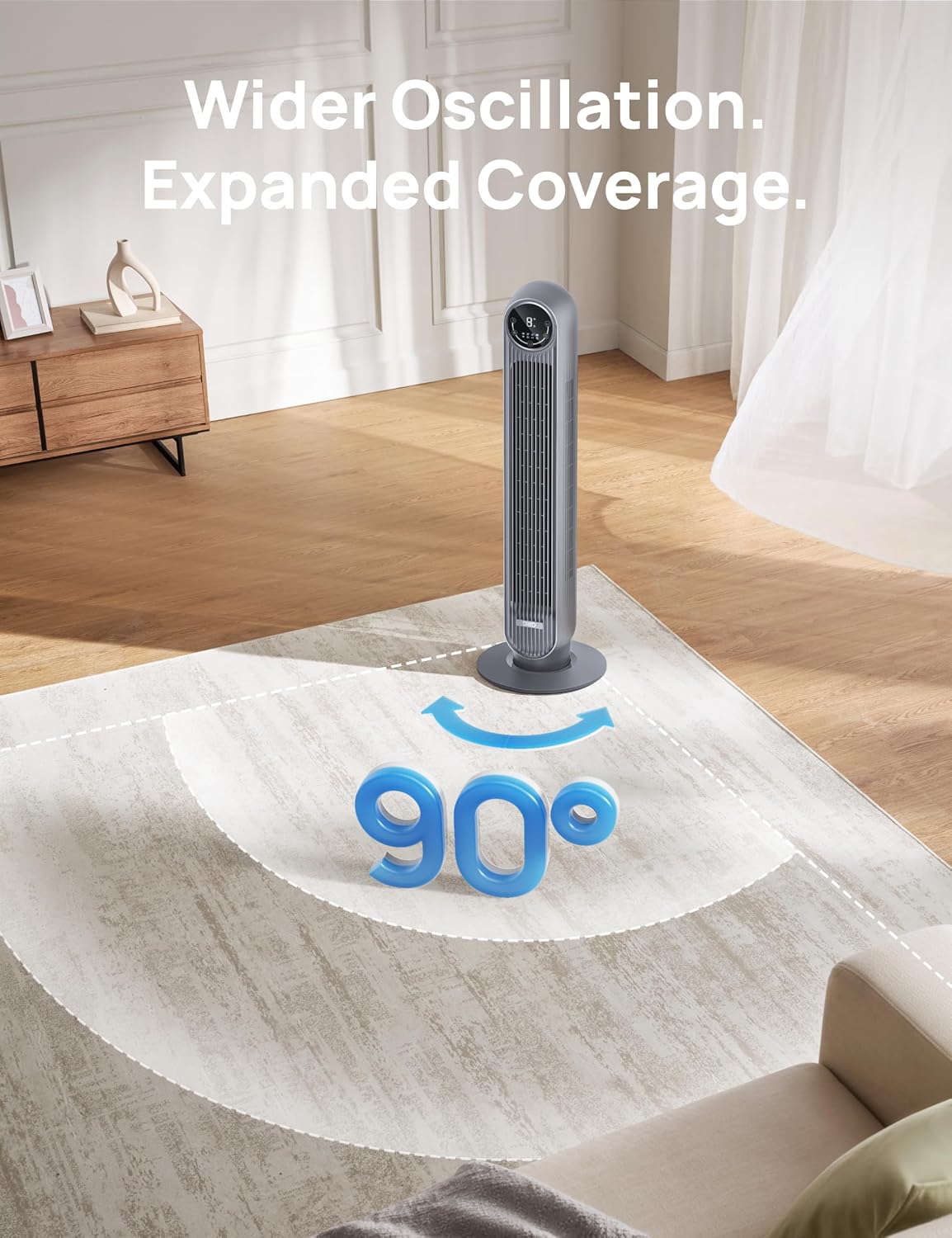 DREO Tower Fan for Bedroom, 26ft/s Velocity, 90° Oscillating, 8H Timer