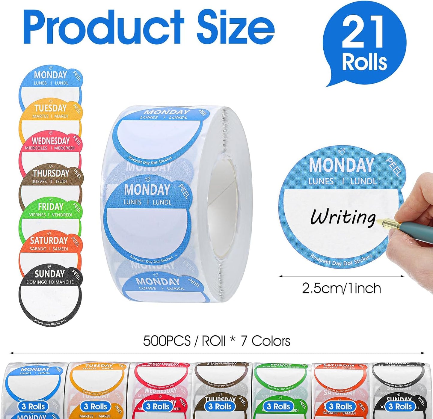 10,500 Pcs Day Dots Food Labels, Removable Date Stickers for Kitchen & Inventory, 21 Rolls Color-Coded Days of The Week Stickers for Containers & Meal Prep (1 Inch)