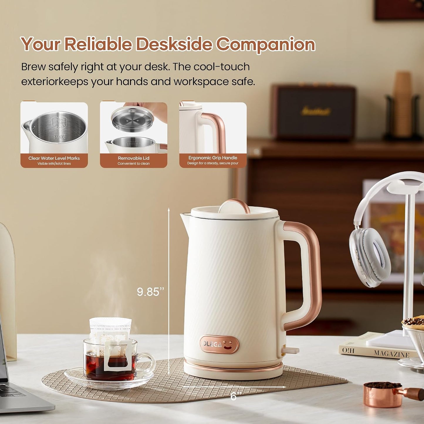 OLEGA Electric Tea Kettle: 1200W Fast Boil Electric Water Kettles 1.5L | Stainless Steel Kettle; Large Electric Water Kettle; Plastic Free Teapot; Auto Shut-Off Water Boiler; Fast Boil Kettles