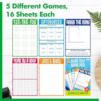Road Trip Game Pad, 80 Perforated Sheets Travel Activity Pad, 5 Games in 1 Pad, Plane, Car Trip Activity, Pen Pencil & Paper Game for Kids, Adults (6” x 9”)