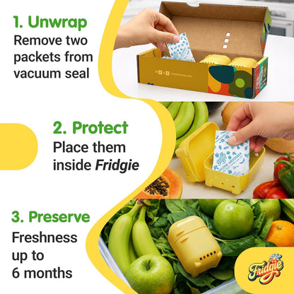Fridgie Produce Saver, Ethylene Gas Absorber, Fridge Lettuce Keeper - Blue | 4 refill packets, lasts up to 1 year, slows ripening, reduces food waste, crisper drawer, protects berries, herbs, greens