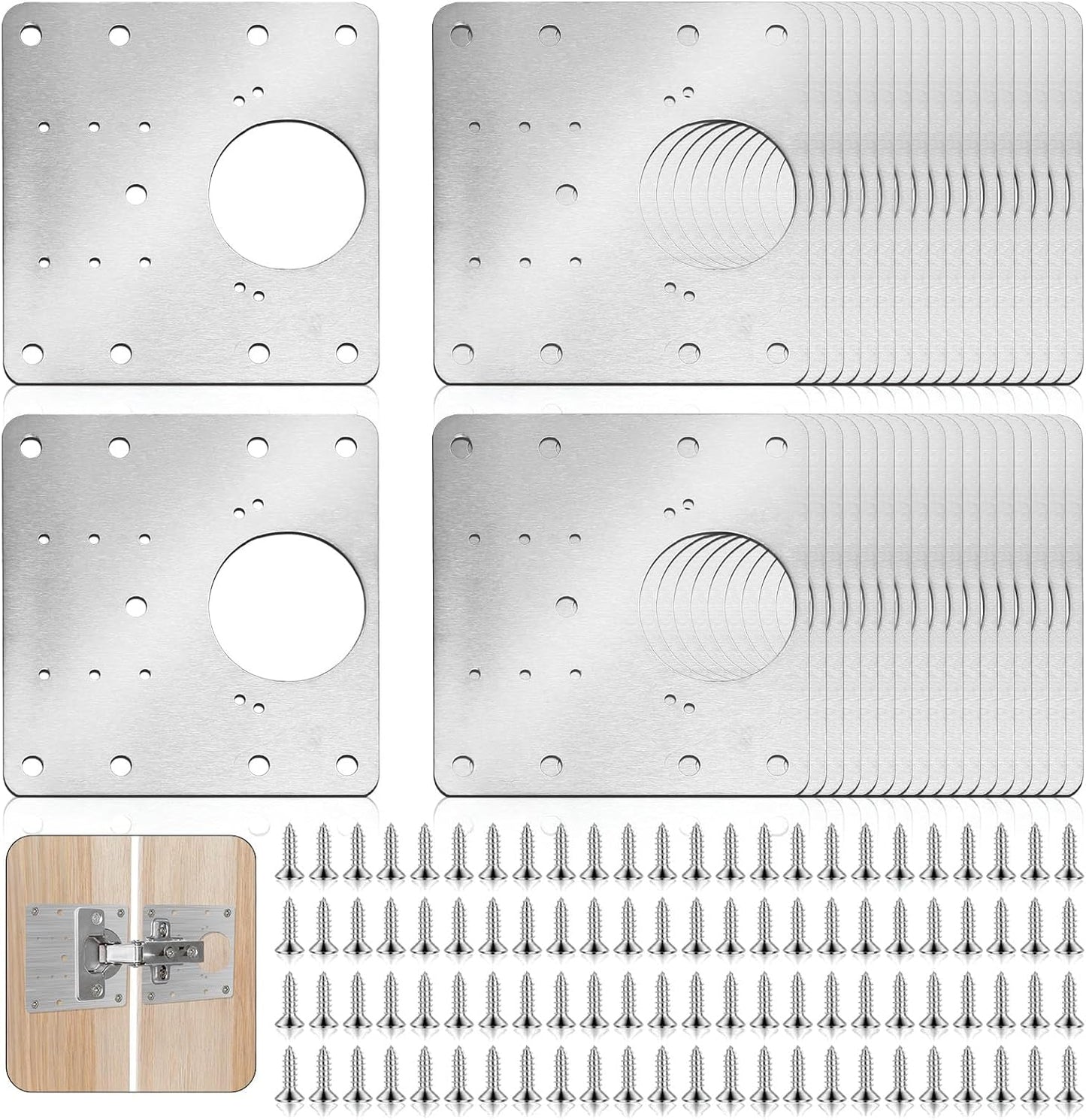 36PCS Cabinet Hinge Repair Plate Kit, Stainless Steel Hinge Repair Board & Brackets with Screws Door Mounting Plate for Kitchen Cabinet, Cupboard, Furniture Door Fix, (3.54"x3.54")