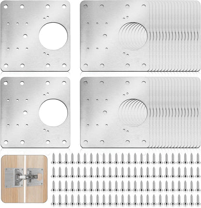 36PCS Cabinet Hinge Repair Plate Kit, Stainless Steel Hinge Repair Board & Brackets with Screws Door Mounting Plate for Kitchen Cabinet, Cupboard, Furniture Door Fix, (3.54"x3.54")