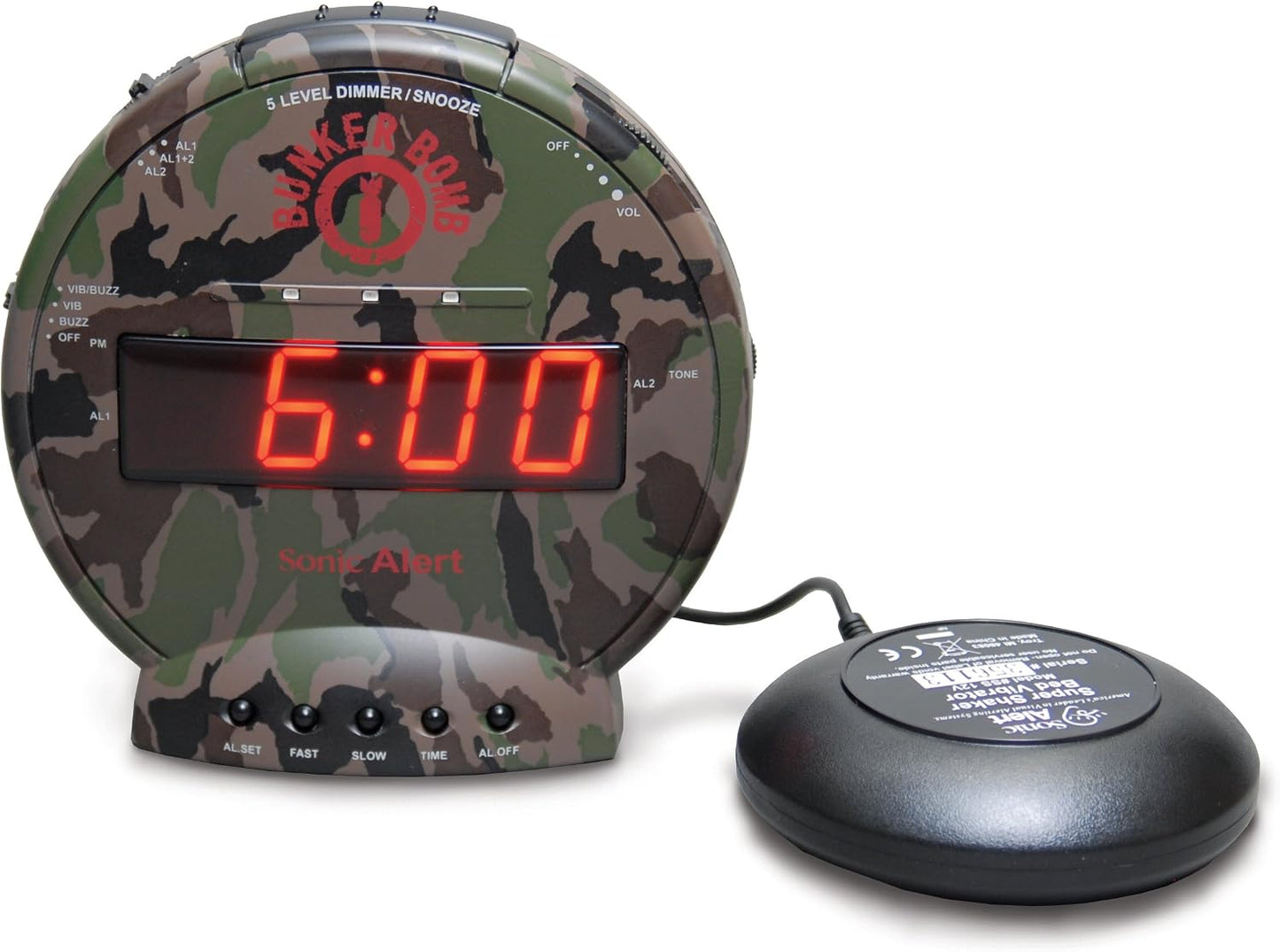 Sonic Alert Sonic Bomb Dual Alarm Clock with Bed Shaker, Black Vibrating Alarm Clock Heavy Sleepers, Battery Backup | Wake with a Shake
