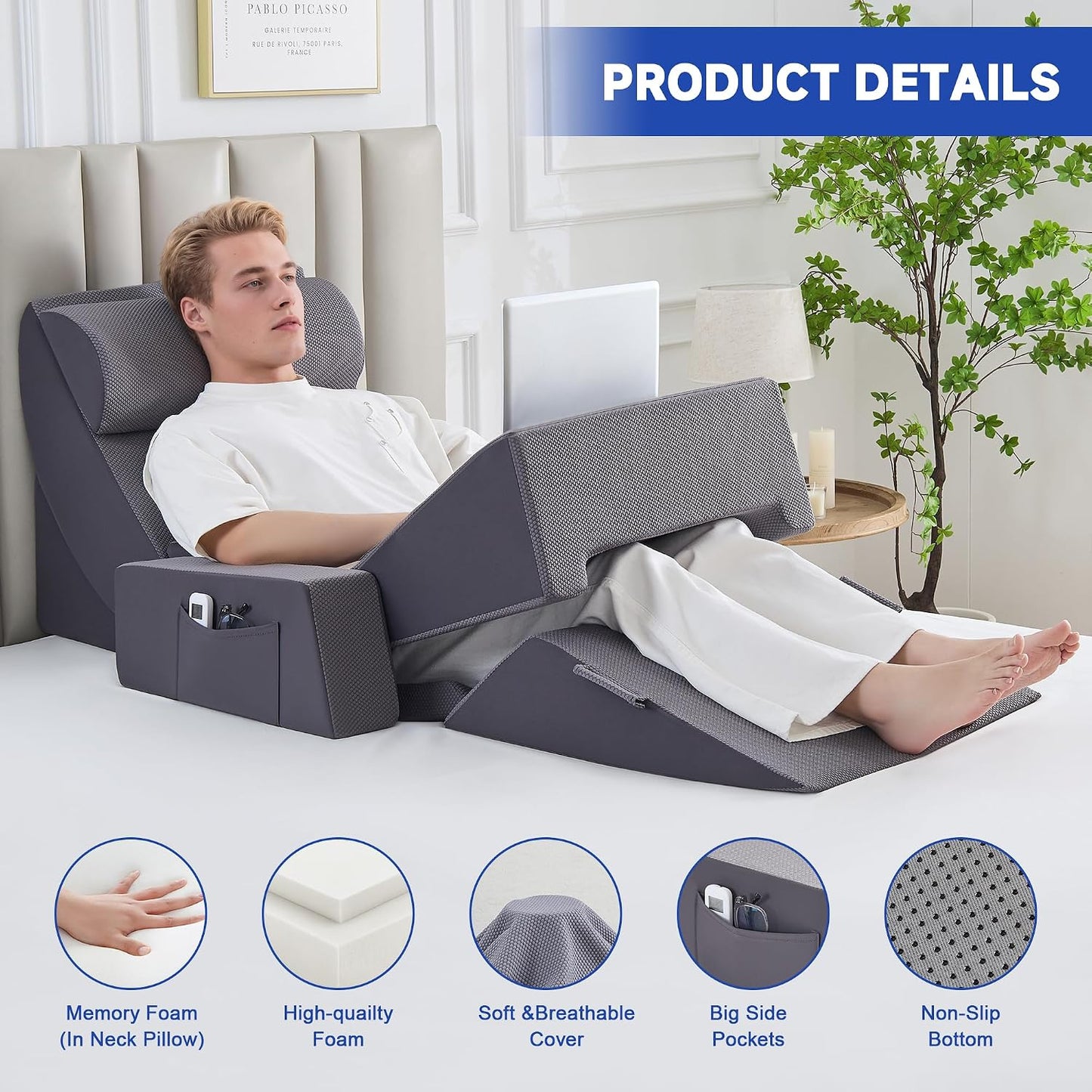 4PCS Bed Wedge Pillow Set for After Surgery, Orthopedic Wedge Pillows for Sleeping, Back, Neck and Leg Pain Relief, Adjustable Memory Foam Support Pillows for Acid Reflux, GERD & Snoring, Grey