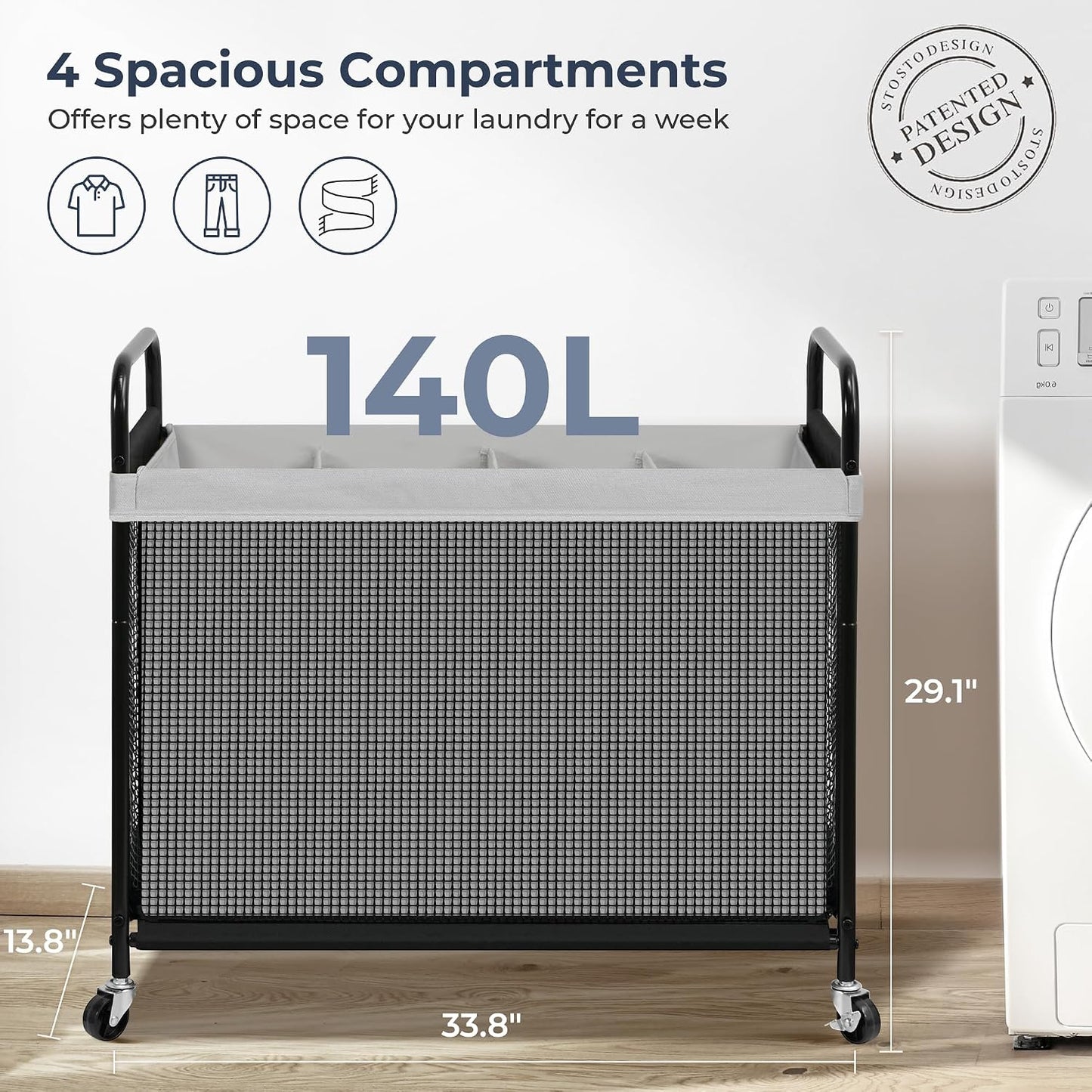 STO STO Laundry Hamper 2 Section, 100L Rolling Laundry Sorter Cart with Removable and Washable Liner Bag, Clothes Hamper with Wheels and Metal Handle for Laundry Room and Bedroom