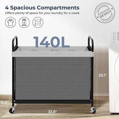 STO STO Laundry Hamper 2 Section, 100L Rolling Laundry Sorter Cart with Removable and Washable Liner Bag, Clothes Hamper with Wheels and Metal Handle for Laundry Room and Bedroom