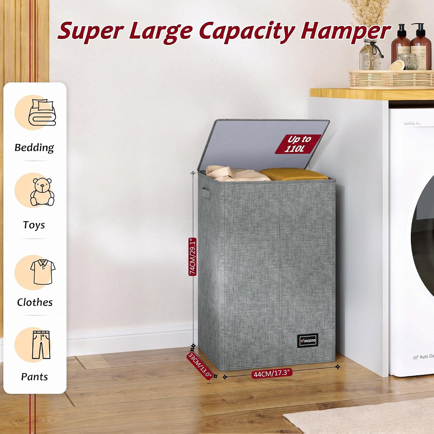195L Laundry Hamper 3 Section,Large Laundry Hamper with Lid,Dirty Clothes Hamper with 3 Inner Bags,Collapsible Laundry Basket Organizer for Laundry Room,Bedroom,Laundry Sorter Hamper 3 Compartment