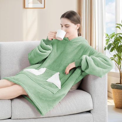 Wearable Blanket Hoodie, Oversized Sherpa Fleece Sweatshirt Blanket with Giant Hood Pocket and Sleeves for Adult, Warm & Cozy Grey Blanket Gifts for Women