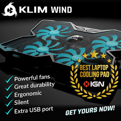 KLIM Wind Laptop Cooling Pad - More Than 500 000 Units Sold - New Version - The Most Powerful Rapid Action Cooling Fan - Laptop Stand with 4 Cooling Fans at 1200 RPM - USB Fan - PS5 PS4 - RGB