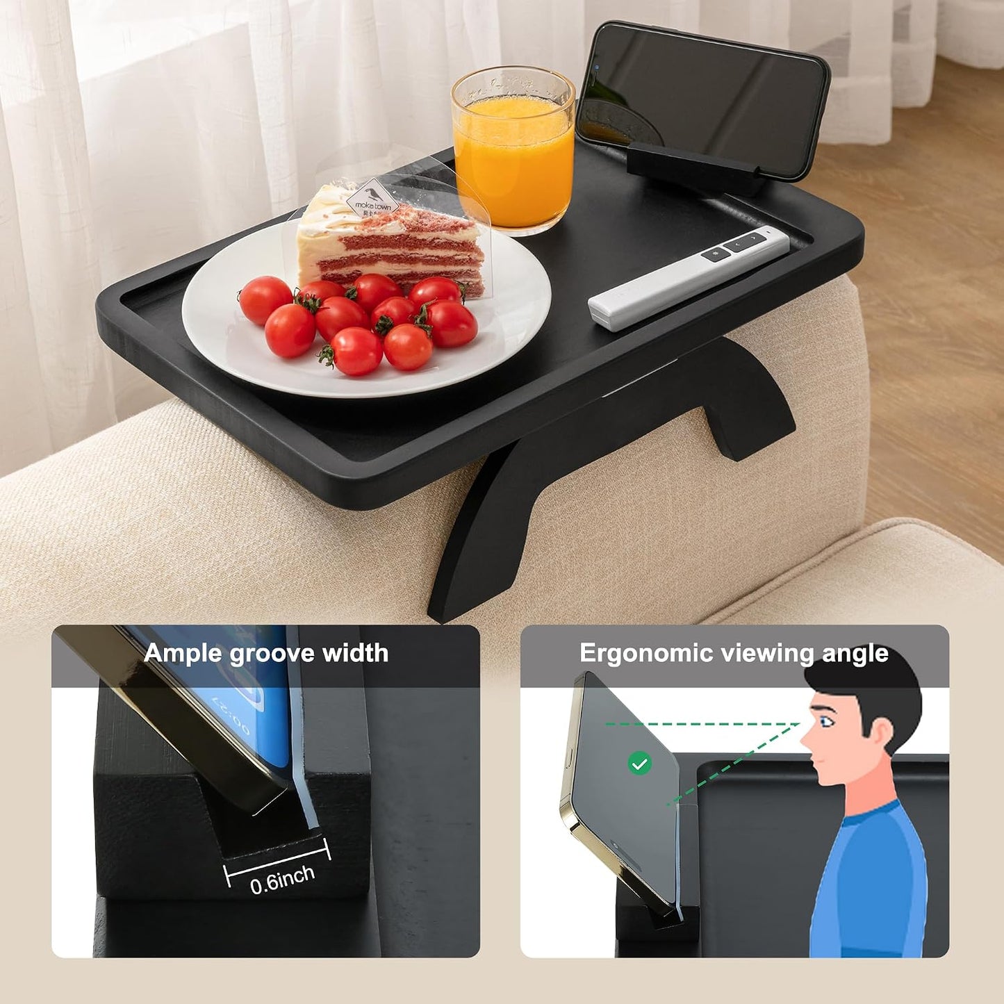 Couch Arm Tray,Bamboo Sofa Clip on Side Table,Foldable Couch Armrest Table with 360°Rotating Phone Holder,Anti Slip Food Trays for Eating/Drinks/Snacks/Remotes 15.35" x 9.85"