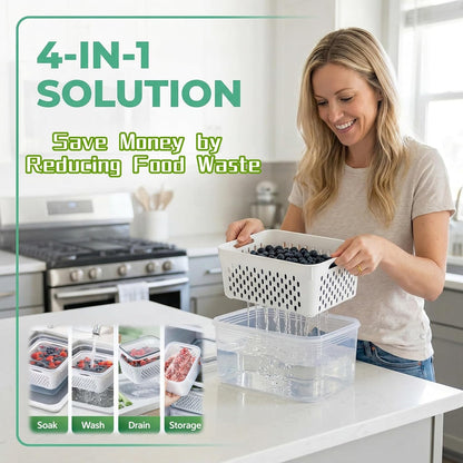 Fruit Storage Containers for Fridge, 4 in 1 Food Storage Container with Removable Colander, Airtight Produce Saver, Stackable Fridge Organizer for Wash, Drain & Store (Gray, S)
