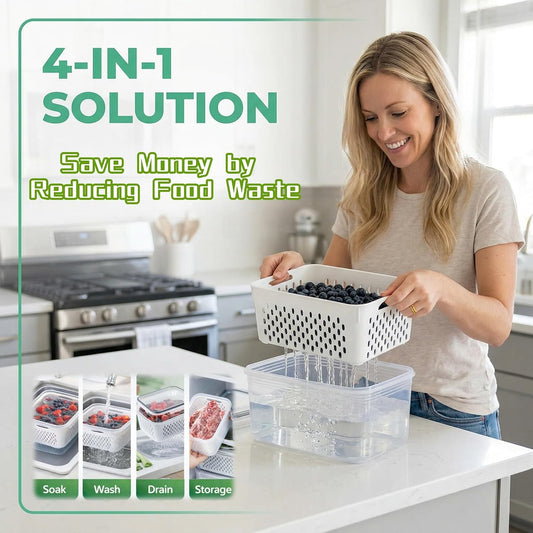 Fruit Storage Containers for Fridge, 4 in 1 Food Storage Container with Removable Colander, Airtight Produce Saver, Stackable Fridge Organizer for Wash, Drain & Store (Gray, S)