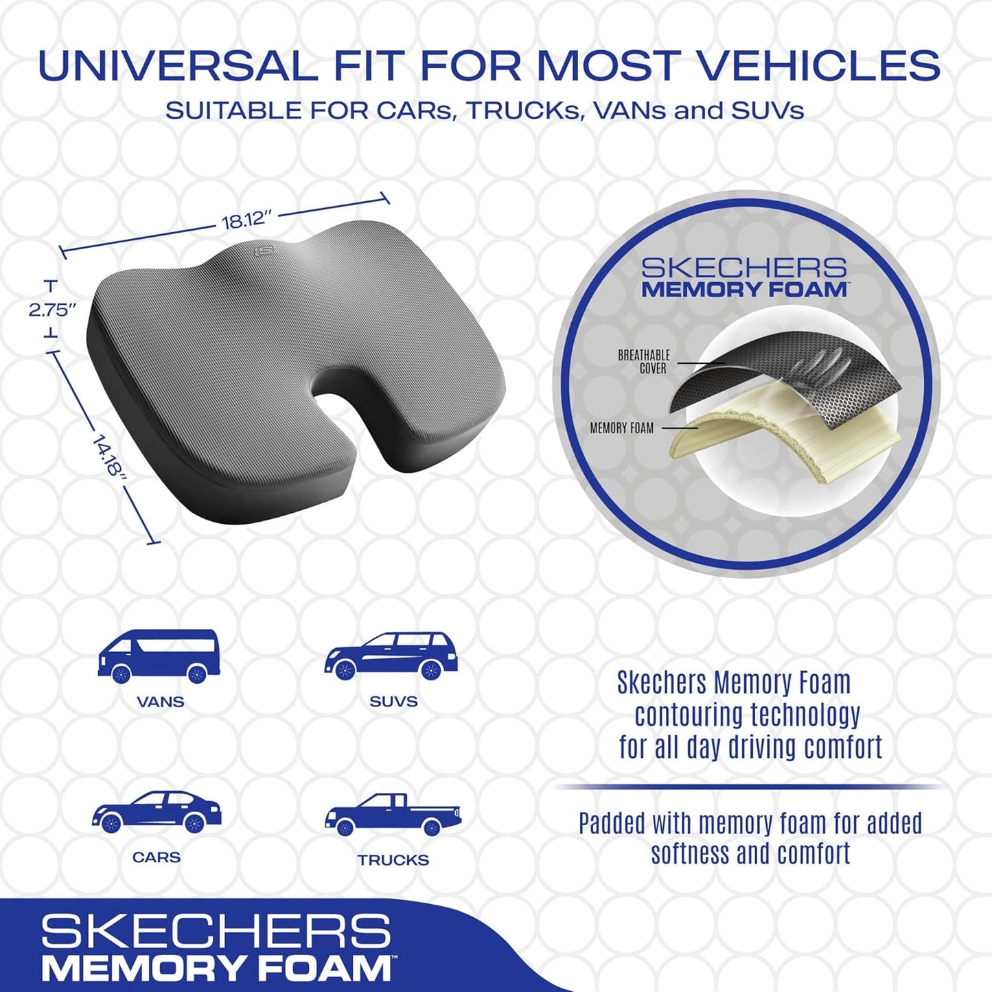 Skechers Memory Foam Seat Cushion,Office Chair Cushion for Tailbone Pain Relief,Butt Pillow for Office Chair,Car seat Cushion,Computer Desk,Long Sitting Office Workers,and Car Drivers,Black