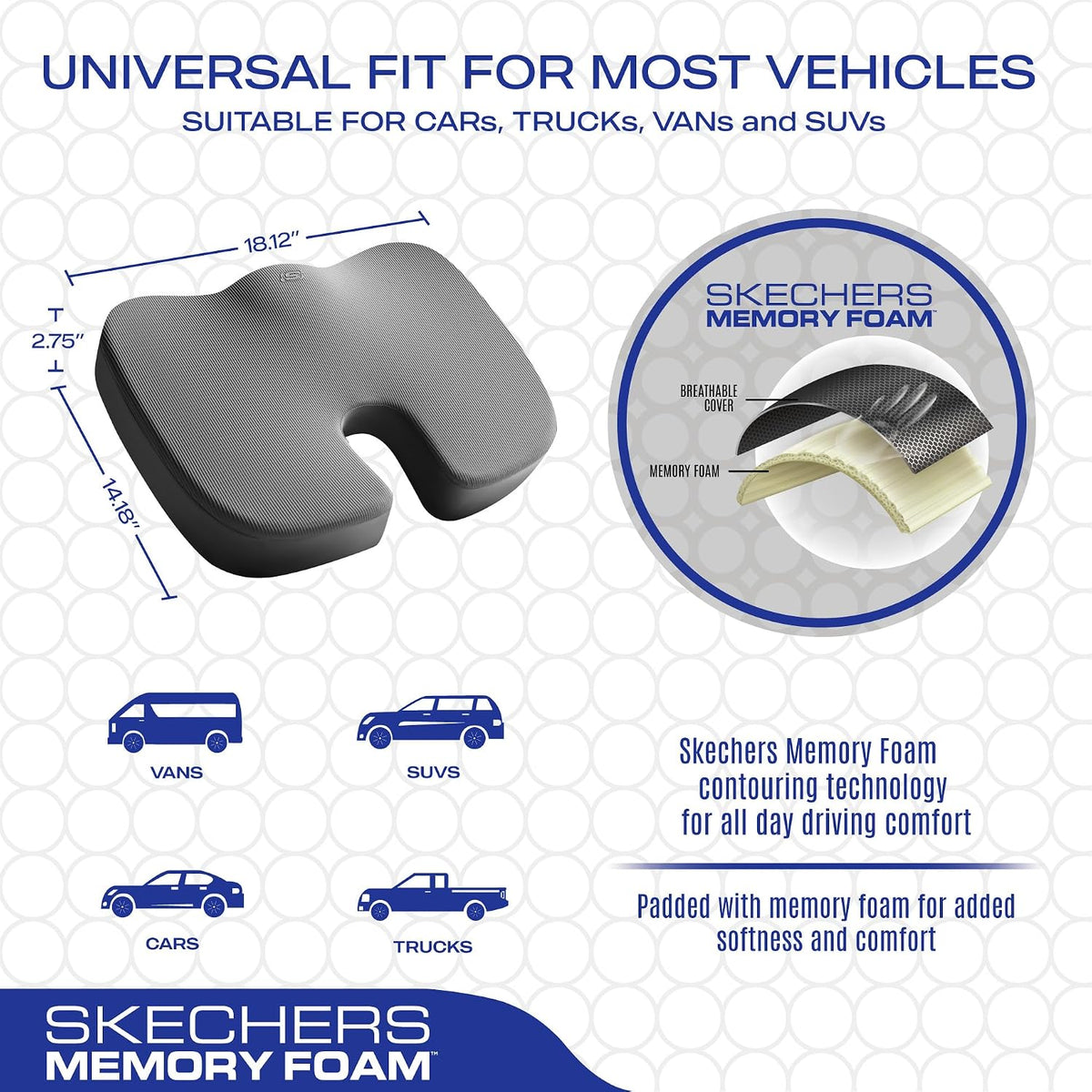 Skechers Memory Foam Seat Cushion,Office Chair Cushion for Tailbone Pain Relief,Butt Pillow for Office Chair,Car seat Cushion,Computer Desk,Long Sitting Office Workers,and Car Drivers,Black