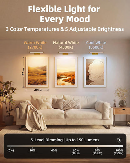 EZVALO Picture Light for Wall, 4800mAh Rechargeable Wireless Gold Light with IR Remote, Dimmable Magnetic LED Art Display Light with 3 Color Temperatures, for Gallery, Living Room, Bedroom