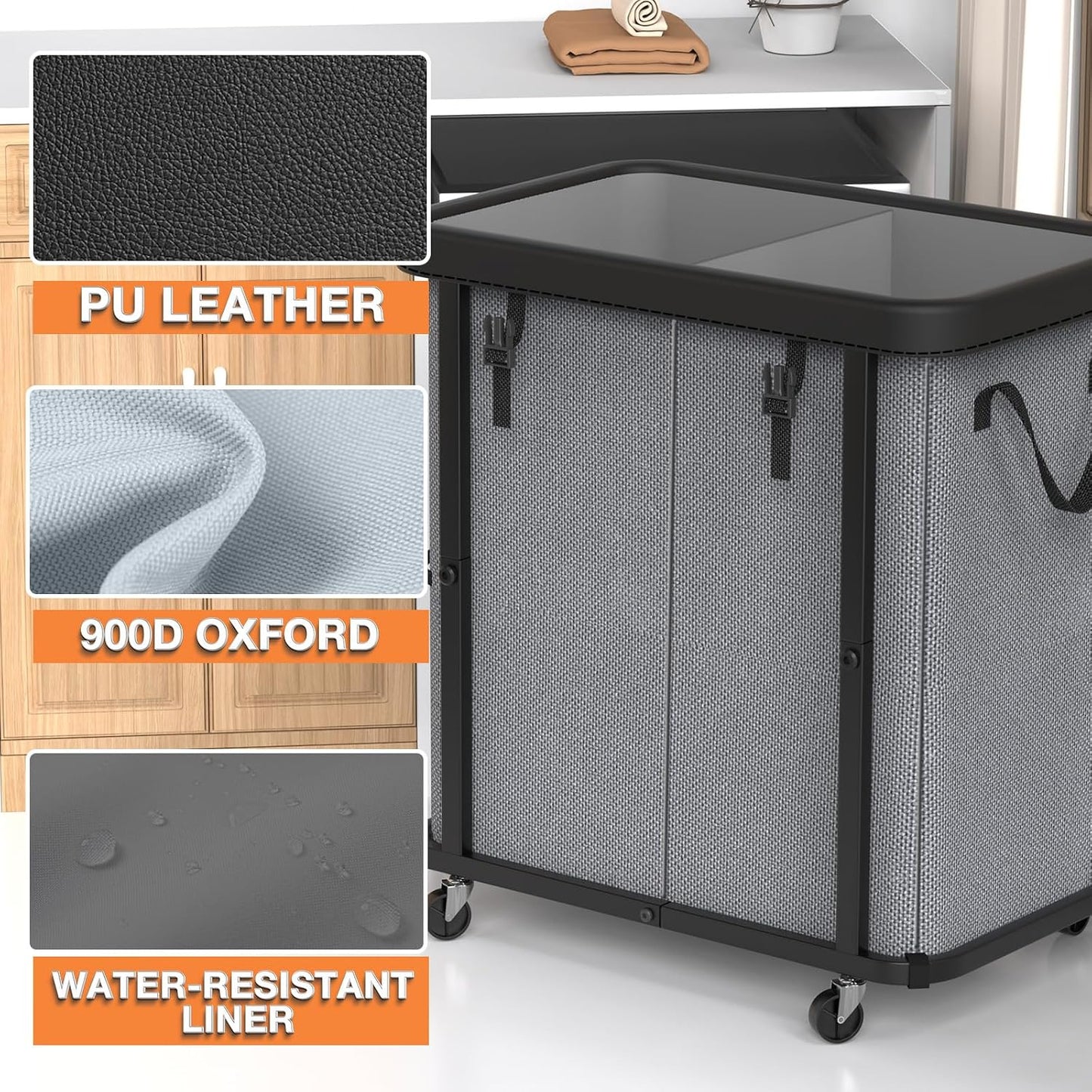 Laundry Hamper with Wheels,150L Leather Patchwork Clothes Hamper Black | Rolling Laundry Basket with Sturdy Metal Frame, Removable Washable Bag,Tall Clothes Sorter for Bedroom, Laundry Room, Dorm