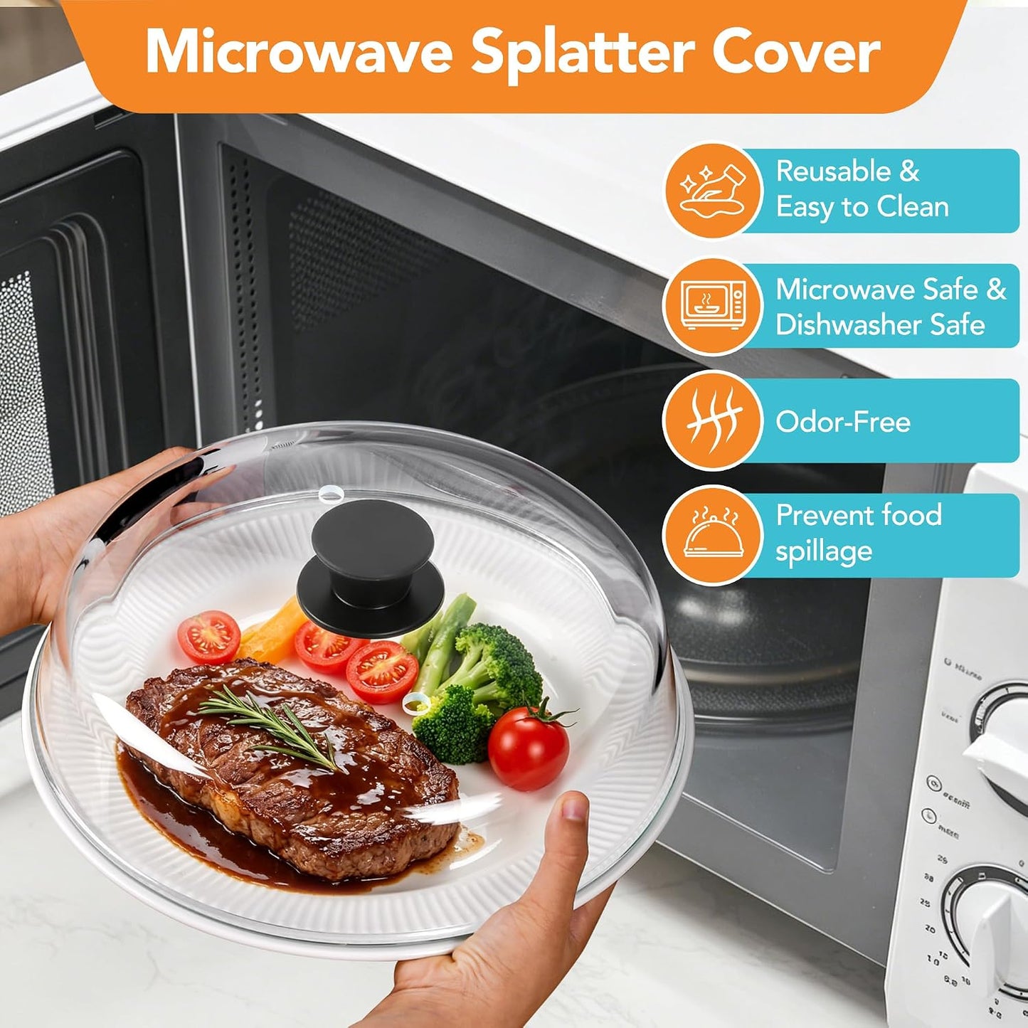AUFKXOO 10 inch Glass Microwave Cover for Food,2-in-1 Microwave Splatter Cover with Silicone Pad, Microwave Plate Lid with Vent Holes & Easy-Grip Handle