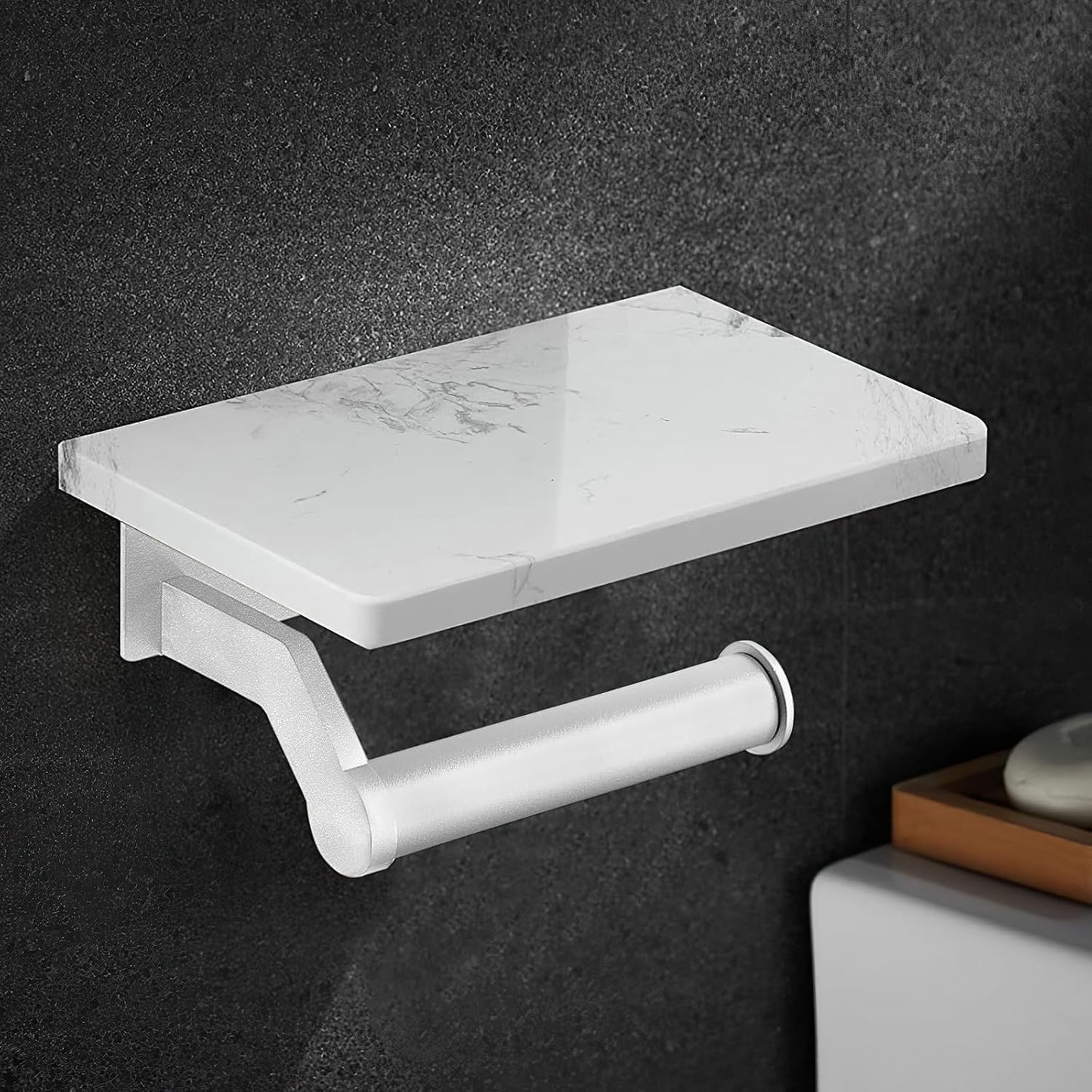 Hoimpro Toilet Paper Holder Wall Mounted, Marble Tissue Roll Rack | Brushed Gold | White Natural Marble Shelf Hand Paper Roll Holder, for Bathroom Kitchen Washroom Bedroom Aluminum