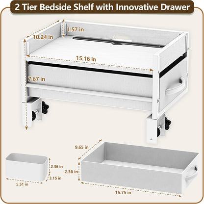 Bedside Shelf for Dorm Room, 2 Tier On Bed Side Table Loft Shelf for Bunk Bed, Bedside Tray with Cable Management, Under Mattress Bedside Shelf, Back to School