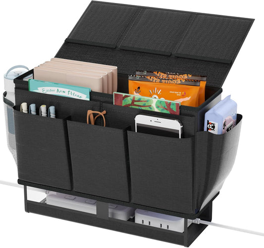 Bedside Caddy Organizer, Bed Caddy with 11 Pockets, White | Bed Organizer with Power Strip Holder, Versatile Bedside Storage Caddy for Home,Dorm,Bunk,Hospital,Crib Bed