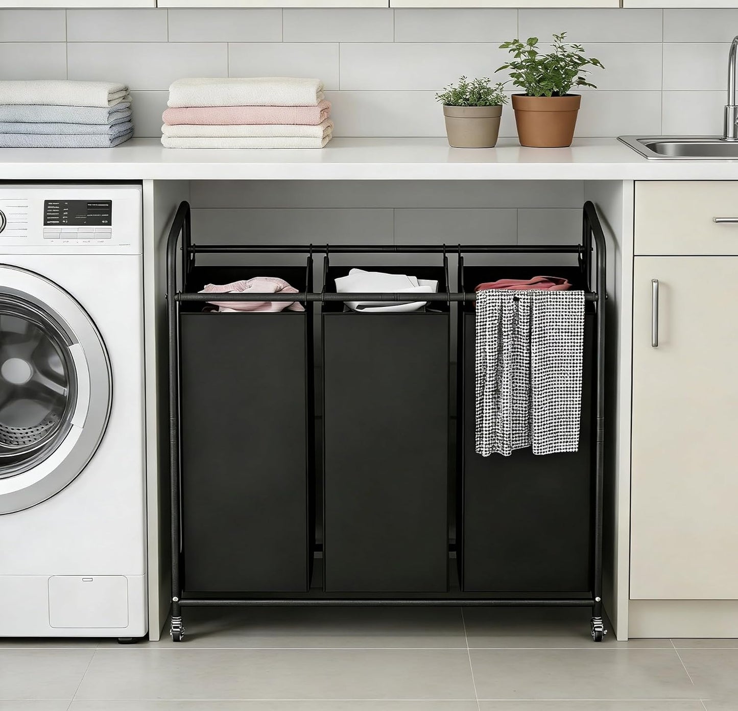 LINZINAR 3 Section Laundry Hamper, Black Laundry Basket 135L Laundry Sorter | Laundry Room Organization with Heavy Duty Rolling Lockable Wheels and Removable Bag, Bedroom Laundry Cart for Clothes Storage
