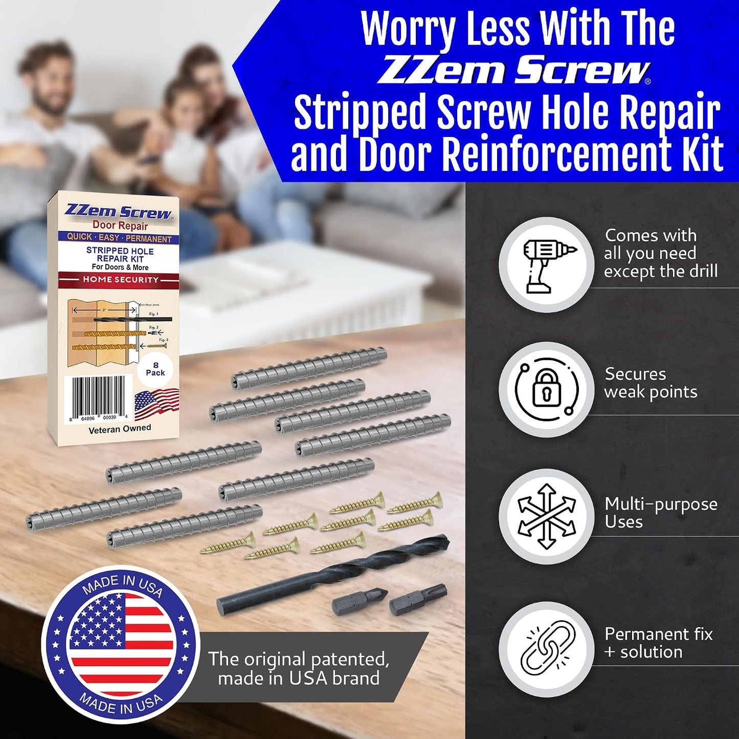 4-Pack #9 x 3 Permanent Stripped Door Hinge Screw Hole Repair Kit | Reinforces hinges, strike plates and door jambs. Installs in minutes. Made in USA