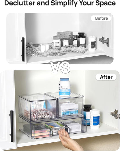 Vtopmart Clear Stackable Storage Drawers Set of 6, Plastic Organizer Bins | Multi-purpose Boxes for Bathroom Accessories Storage, Ideal for Cabinet, Shelf, Pantry, Laundry Room Organization