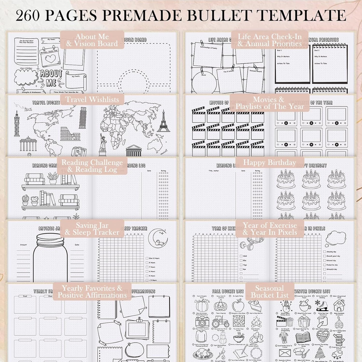 Everloria Premade Dotted Journal Notebook, 12 Months Pre-made Bullet Templates, 260 Hand-Drawn Coloring Pages, Undated Weekly & Monthly Planner, 7.8"x9.3" Linen Dot Grid Habit Mood Tracker, Lilac