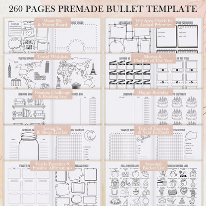 Everloria Premade Dotted Journal Notebook, 12 Months Pre-made Bullet Templates, 260 Hand-Drawn Coloring Pages, Undated Weekly & Monthly Planner, 7.8"x9.3" Linen Dot Grid Habit Mood Tracker, Lilac