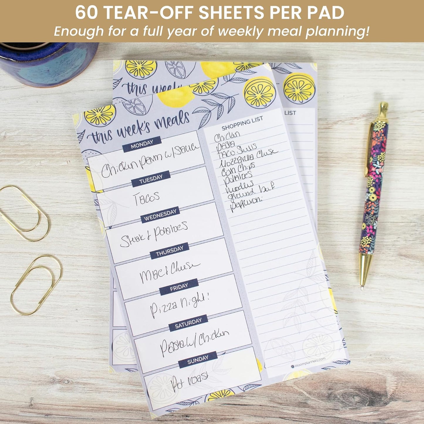 bloom daily planners Weekly Meal Planning Pad - Magnetic Hanging Refrigerator Menu Planner with Tear-Off Sheets & Perforated Grocery Shopping Lists - 6” x 9” (Pink Floral)