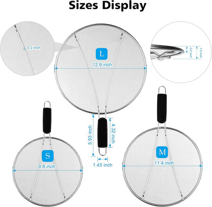 Splatter Screen for Frying Pan - 9.8" 11.4" 13" Stainless Steel Fine Mesh Grease Splatter Guard with Silicone Handle, Hot Oil Splash Guard for Cooking to Prevent Oil Splatter, Safe Cooking