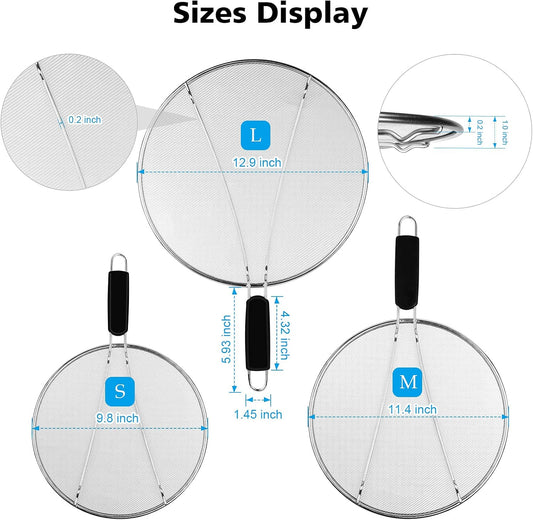 Splatter Screen for Frying Pan - 9.8" 11.4" 13" Stainless Steel Fine Mesh Grease Splatter Guard with Silicone Handle, Hot Oil Splash Guard for Cooking to Prevent Oil Splatter, Safe Cooking