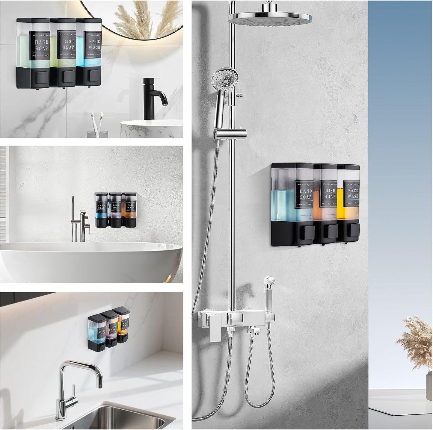 Shampoo and Conditioner Dispenser for Shower, 3 Chamber, Black | Wall Mounted, No Drill, 3×16.9oz, ABS Plastic Material, Refillable With Labels, For Bathroom Hotel