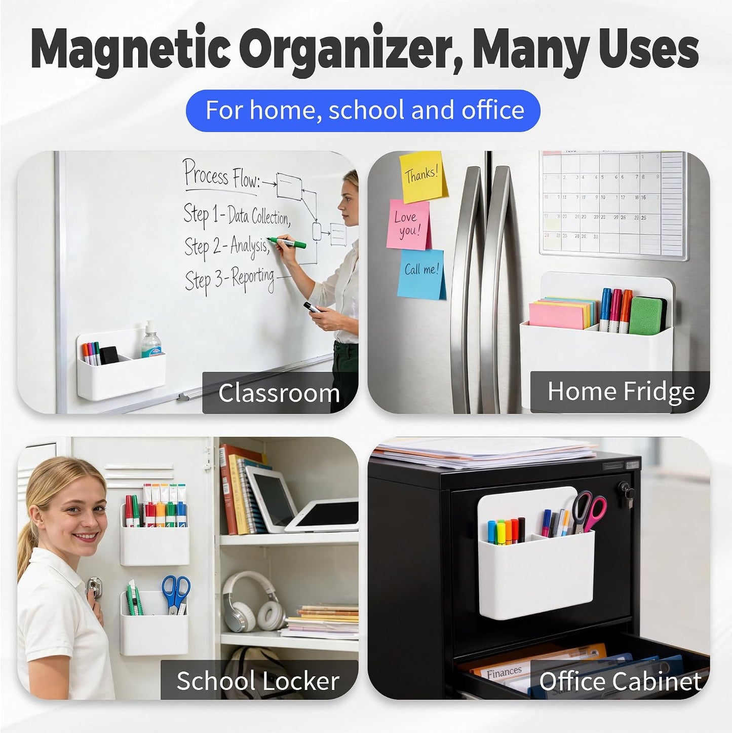 2 Pack Magnetic Pen Holder for Refrigerator & Whiteboard, Full-Back Magnet Dry Erase Marker Holder with Adjustable Divider, Magnetic Marker Holder for White Board Office Desk Locker Accessories, Black