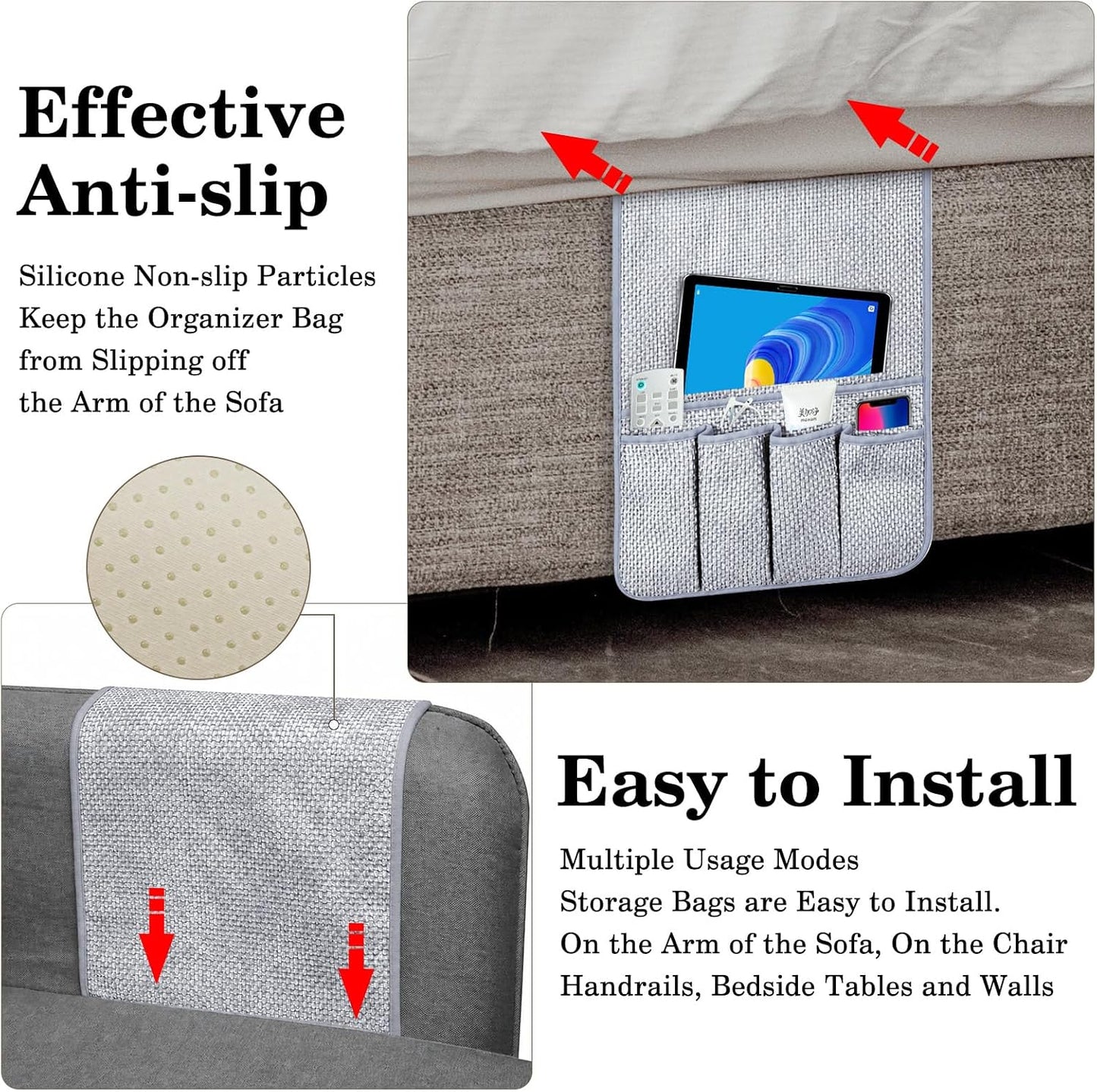 Remote Control Holder Couch Caddy, Armchair Caddy for Recliner 5 Pockets | TV Remote Holder Couch Armrest for Bed Storage with 5 Pockets, Remote Caddy Bedside Table Organizer (Light Gray,35''x13'')